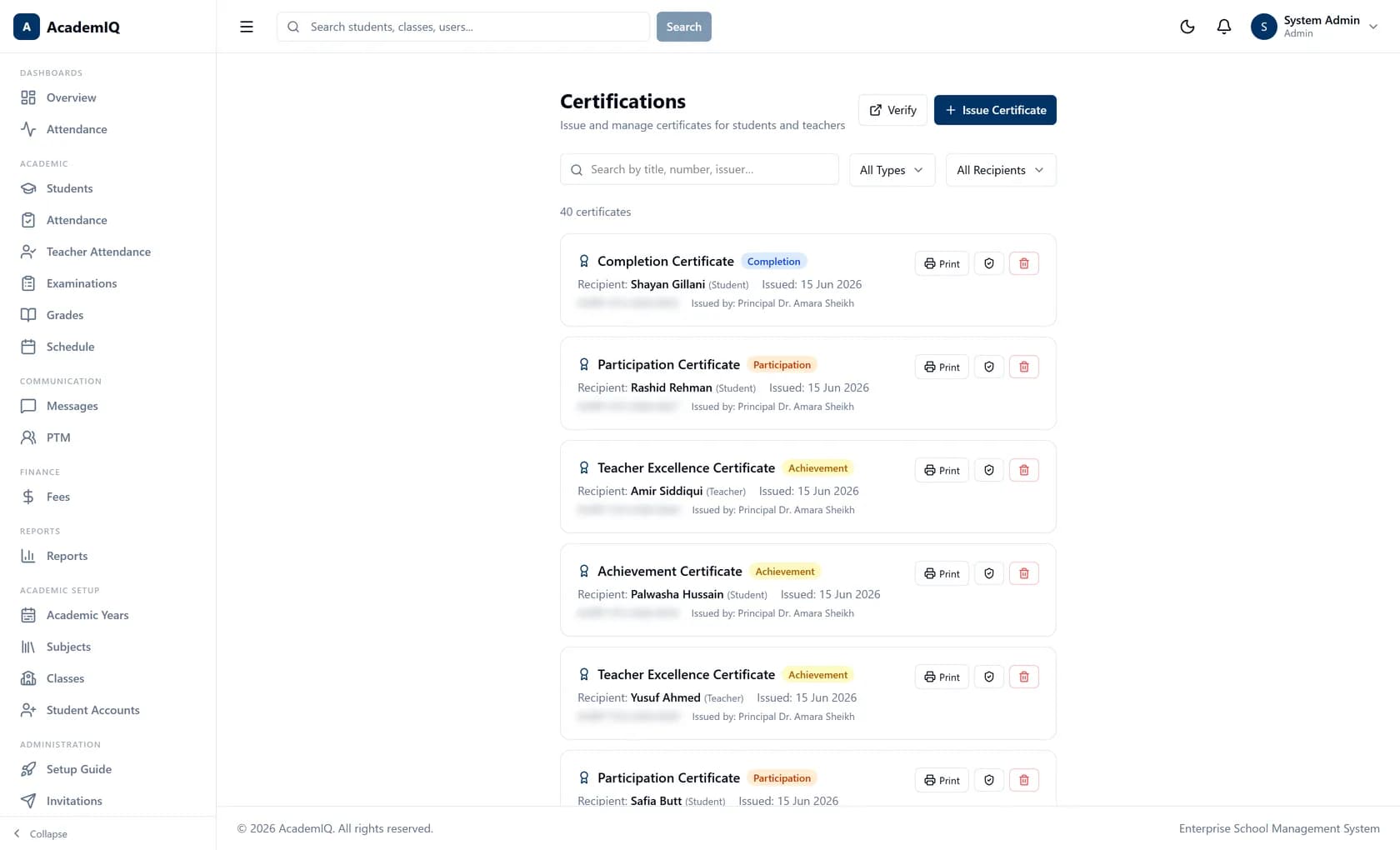 AcademIQ certificate register issuing and tracking student and staff certificates with verification codes