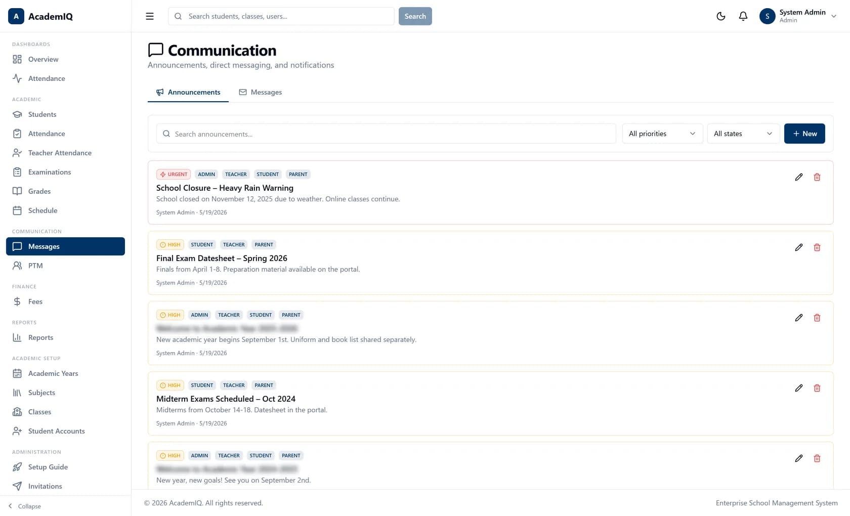 AcademIQ messaging showing threaded conversations between staff, parents and students, plus school-wide announcements