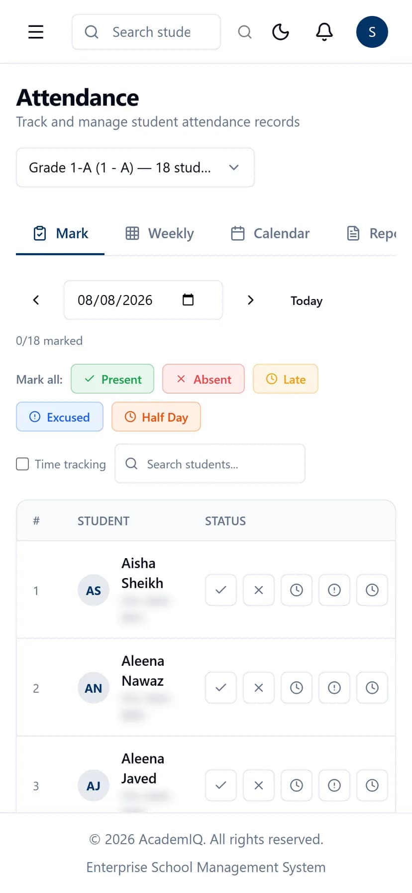 AcademIQ attendance register on a mobile phone browser