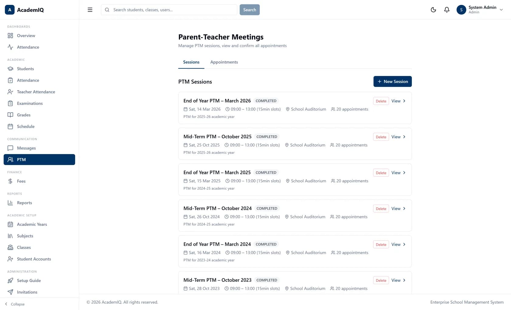 AcademIQ parent-teacher meeting scheduling with time slots and guardian bookings