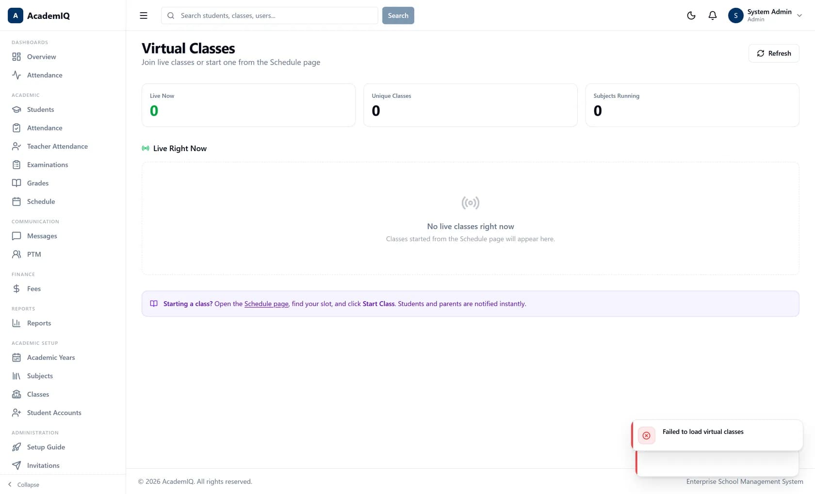 AcademIQ virtual classroom for a live online lesson linked to the timetable